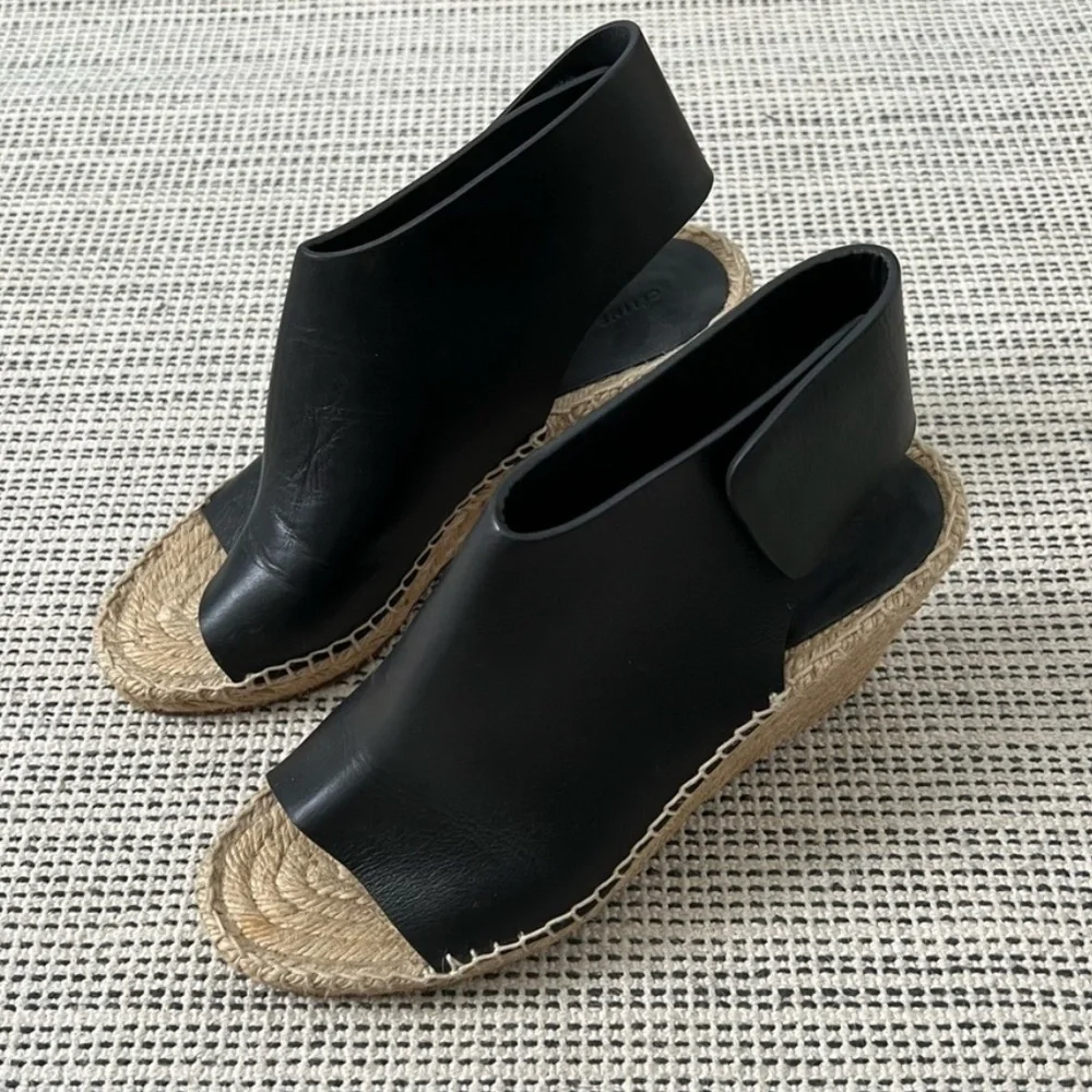 CELINE Calfskin Espadrille Wedge Sandals Black/Natural Size 35